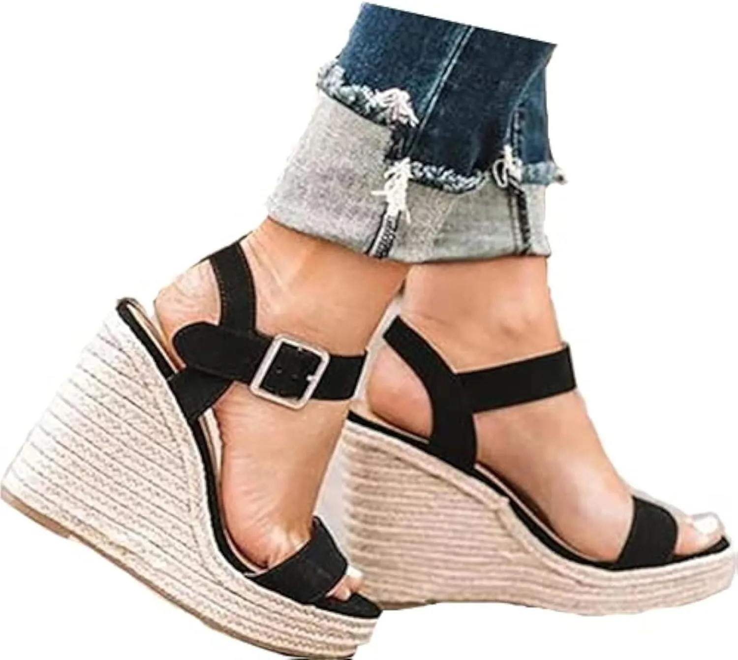 Women'S Wedge Sandals Platform, Ankle Strap Wedge Sandals Open Toe Casual Summer Straw Woven Classic Wedge Sandals