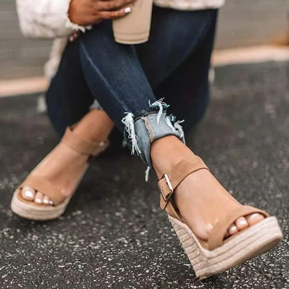 Women'S Wedge Sandals Platform, Ankle Strap Wedge Sandals Open Toe Casual Summer Straw Woven Classic Wedge Sandals