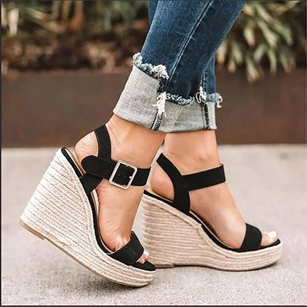 Women'S Wedge Sandals Platform, Ankle Strap Wedge Sandals Open Toe Casual Summer Straw Woven Classic Wedge Sandals