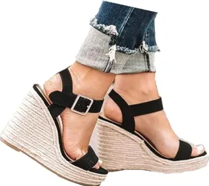 Women'S Wedge Sandals Platform, Ankle Strap Wedge Sandals Open Toe Casual Summer Straw Woven Classic Wedge Sandals