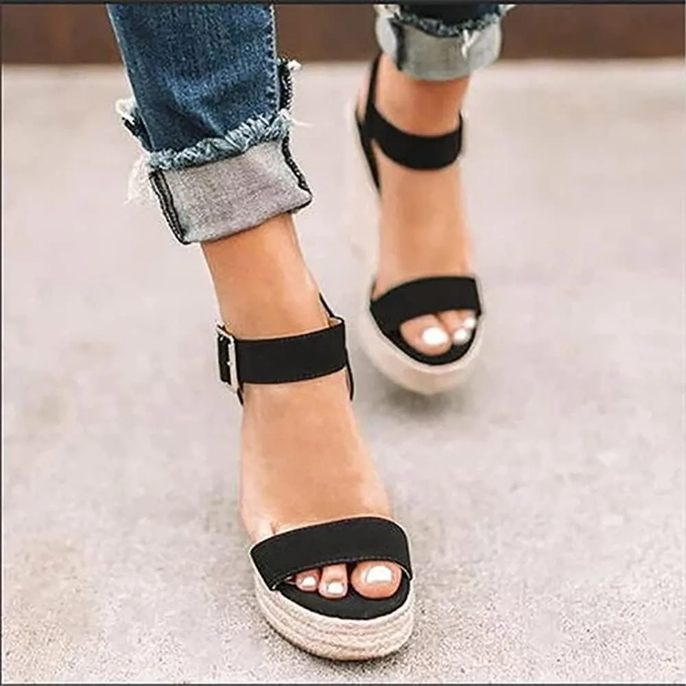 Women'S Wedge Sandals Platform, Ankle Strap Wedge Sandals Open Toe Casual Summer Straw Woven Classic Wedge Sandals