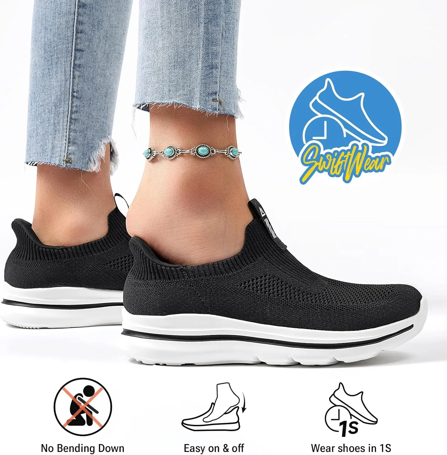 Women's Wide Toe Box Sneakers | Slip-On Hands Free Walking Shoes | Light Breathable Tennis & Gym Shoes for Wide Feet | Running Workout Athletic Trainers
