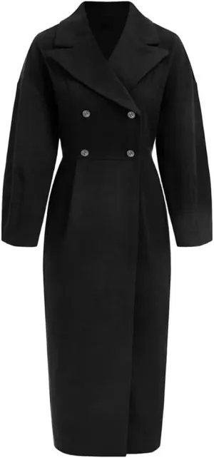 Women's Winter Pea Coat Long Double-Breasted Notch Lapel Trench Coat Solid Black Thicken Warm Outear Overcoat