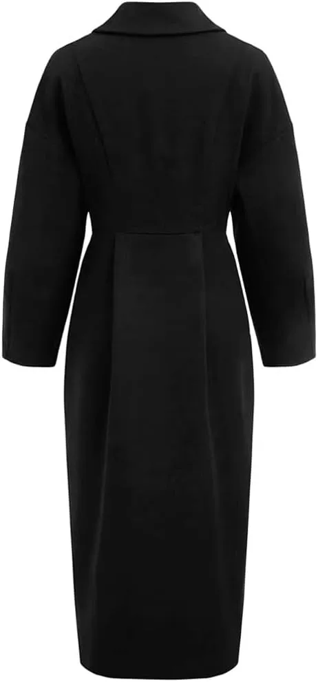 Women's Winter Pea Coat Long Double-Breasted Notch Lapel Trench Coat Solid Black Thicken Warm Outear Overcoat