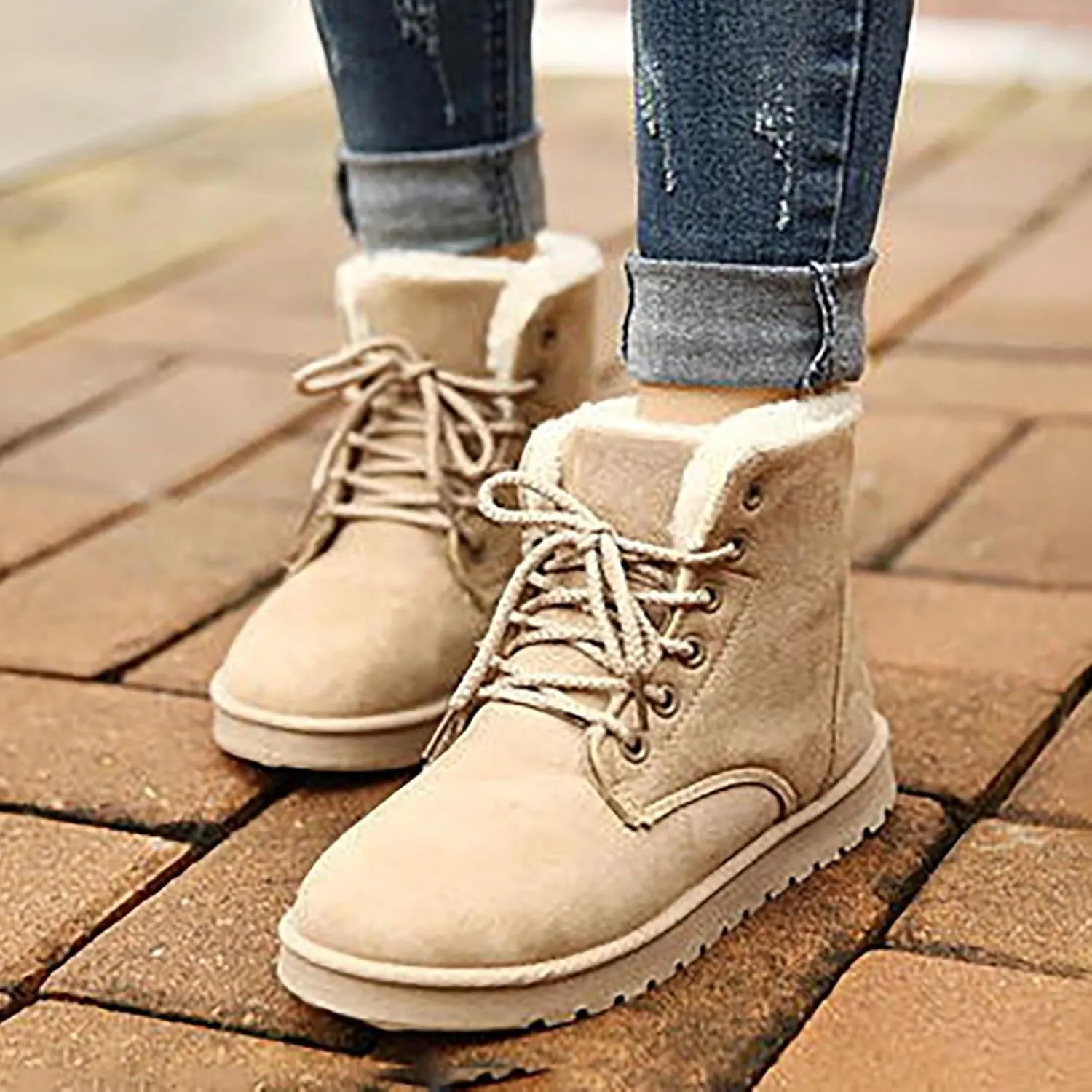 Womens Winter Snow Boots Warm Fur Lined Ankle Boots Classic Fashion Suede Lace Up Booties Casual Anti-Slip Outdoor Comfortable Booties Shoes for Women