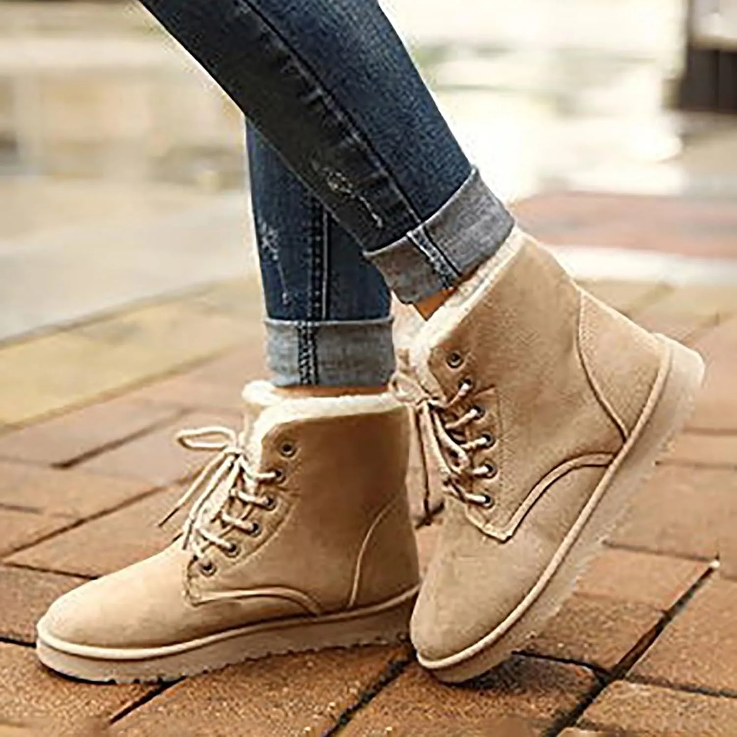 Womens Winter Snow Boots Warm Fur Lined Ankle Boots Classic Fashion Suede Lace Up Booties Casual Anti-Slip Outdoor Comfortable Booties Shoes for Women