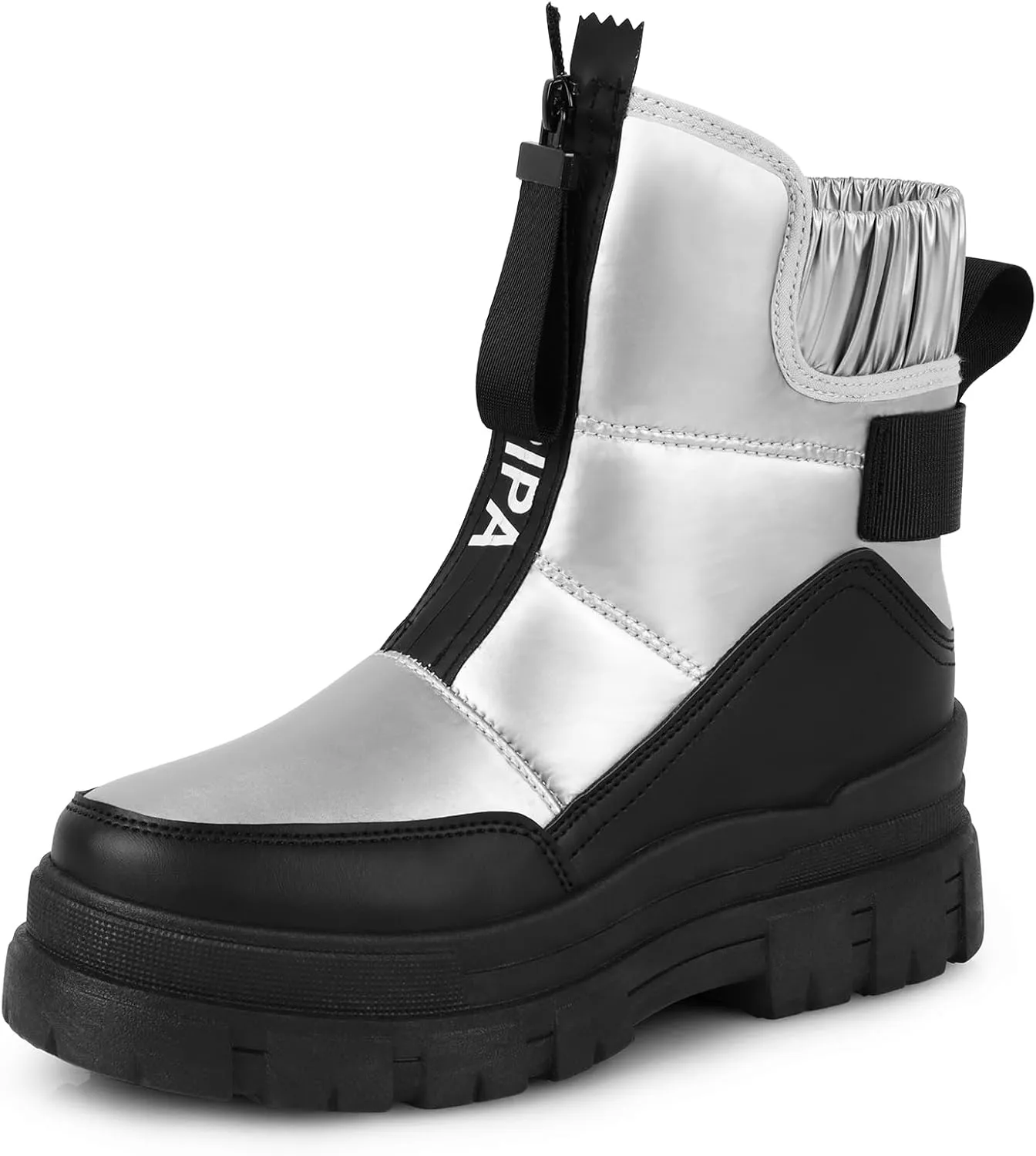 Womens Winter Snow Boots Warm Lining Mid Calf Booties with Zipper Low Heel Chunky Platform Lug Sole Comfortable Outdoor Anti-Slip Shoes