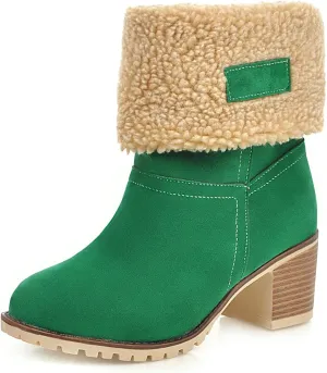 Women's Winter Warm Snow Boots Fold Over Fur Ankle Boots Chunky Block Heels Mid-Calf Boots Platform Furry Short Boots