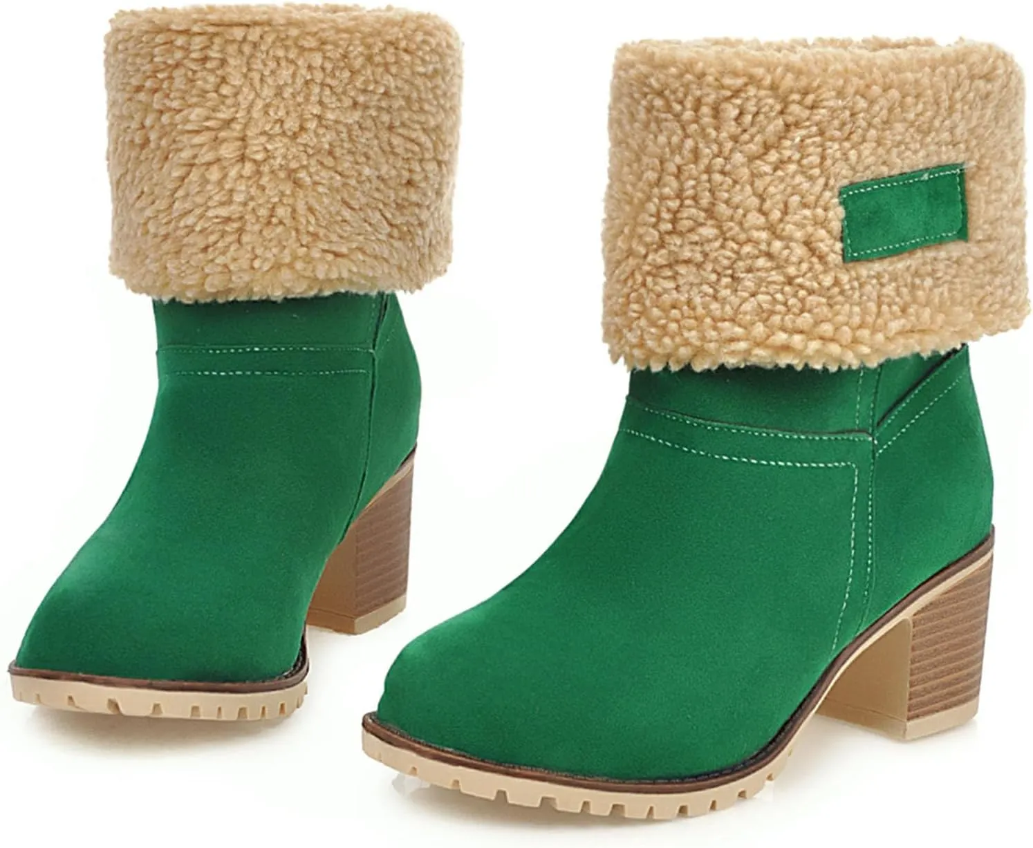 Women's Winter Warm Snow Boots Fold Over Fur Ankle Boots Chunky Block Heels Mid-Calf Boots Platform Furry Short Boots