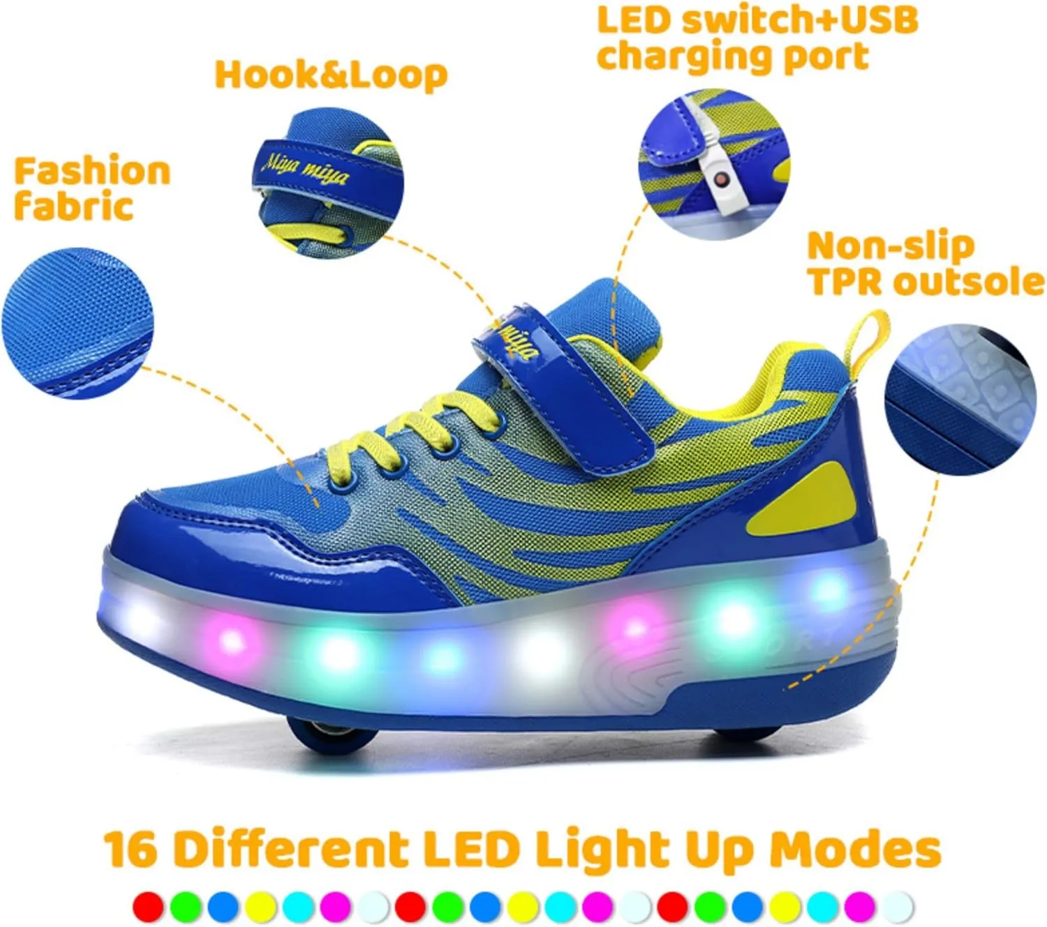 Wooowyet LED Roller Skate Shoes for Kids Boys Girls Light Up Fashion Sneakers Wheels Wheeled USB Rechargeable Hook&Loop