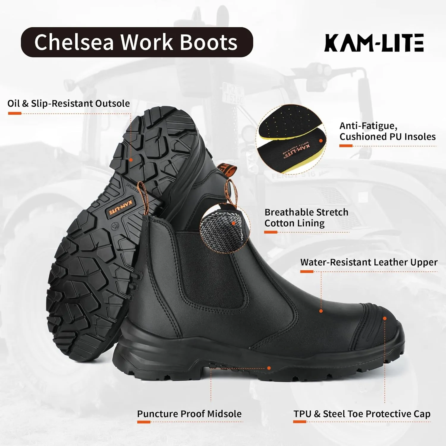 Work Boots for Men, Slip On Steel Toe Chelsea Safety Boots, Waterproof Slip Resistant Work Shoes, Lightweight Comfortable Breathable Non Slip Safety Toe Shoes