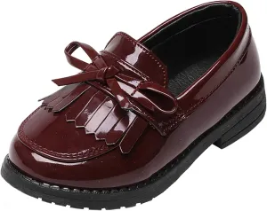 WUIWUIYU Girls Patent Leather Slip-On Penny Loafers Flats Bow Tassel Oxfords Moccasins Dress Shoes