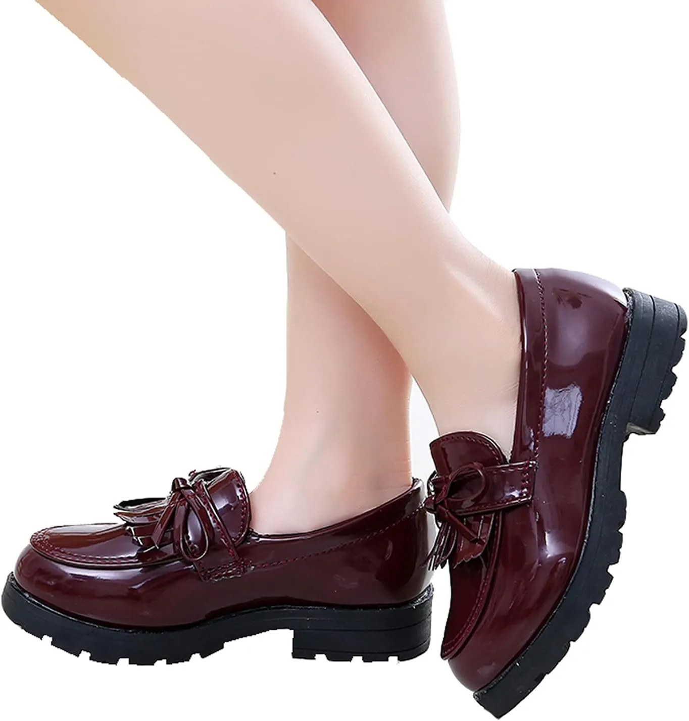 WUIWUIYU Girls Patent Leather Slip-On Penny Loafers Flats Bow Tassel Oxfords Moccasins Dress Shoes