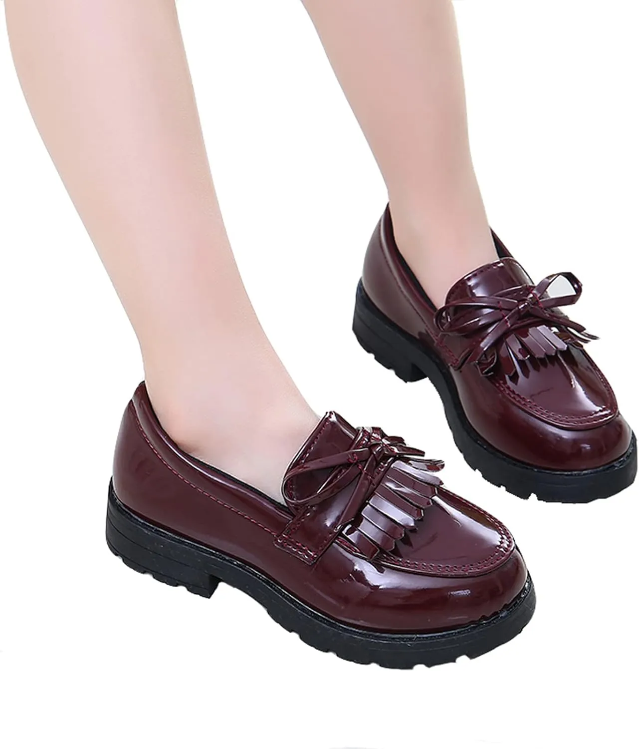 WUIWUIYU Girls Patent Leather Slip-On Penny Loafers Flats Bow Tassel Oxfords Moccasins Dress Shoes