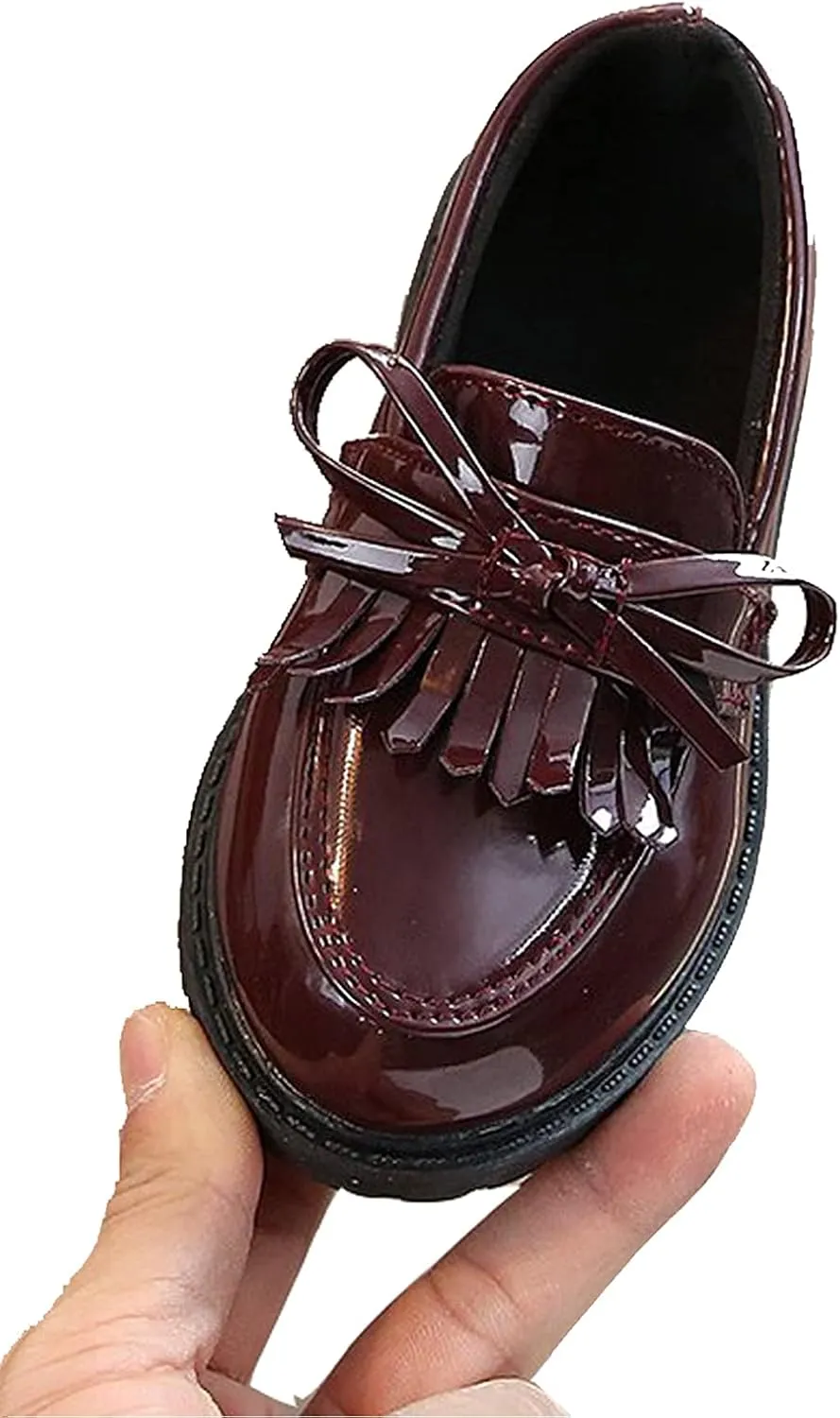 WUIWUIYU Girls Patent Leather Slip-On Penny Loafers Flats Bow Tassel Oxfords Moccasins Dress Shoes