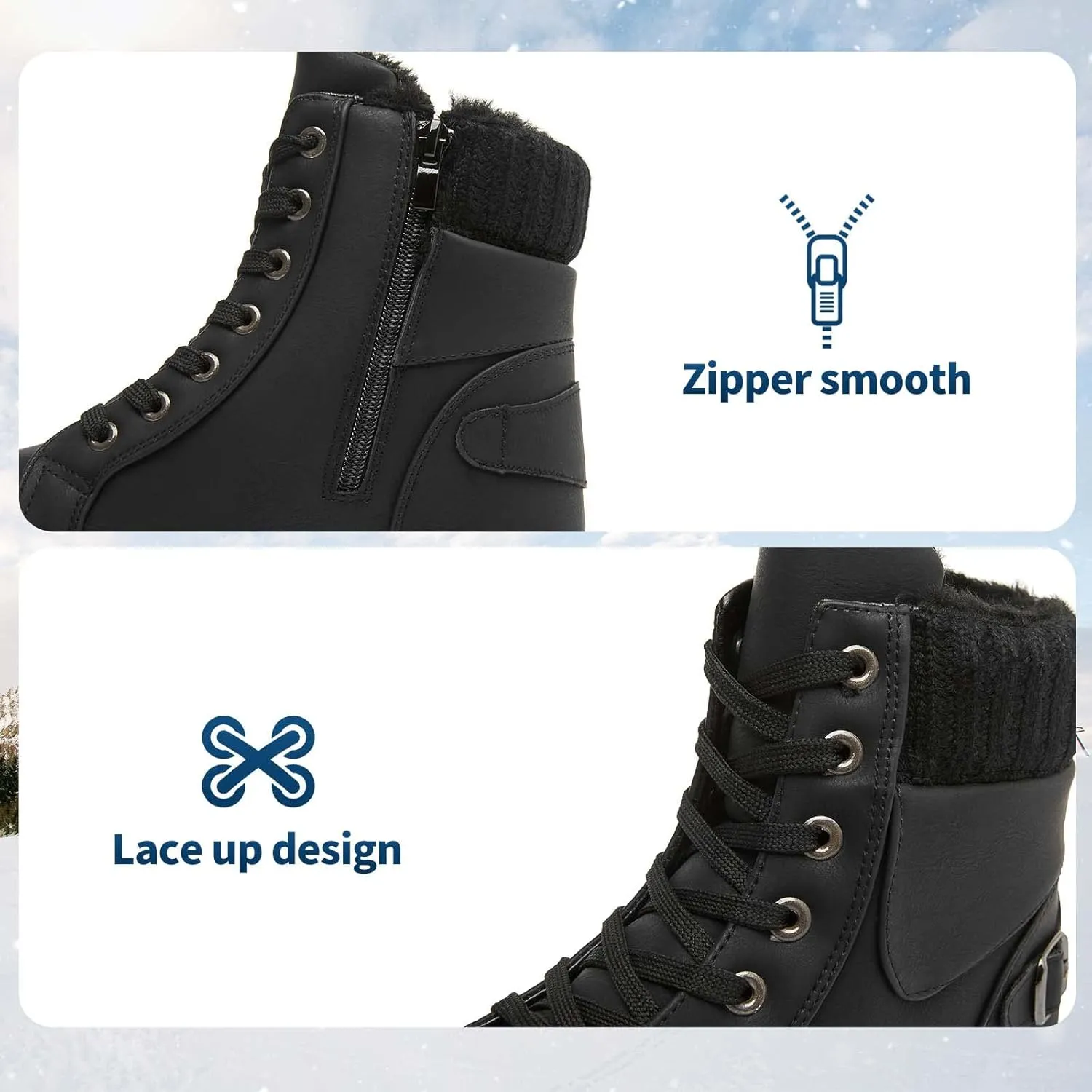 XRH Women Lace Up Combat Boot Winter Snow Boots Warm Fur Lined Ankle Booties Waterproof Hiking Boot for Women Non Slip Leather Boots Shoes