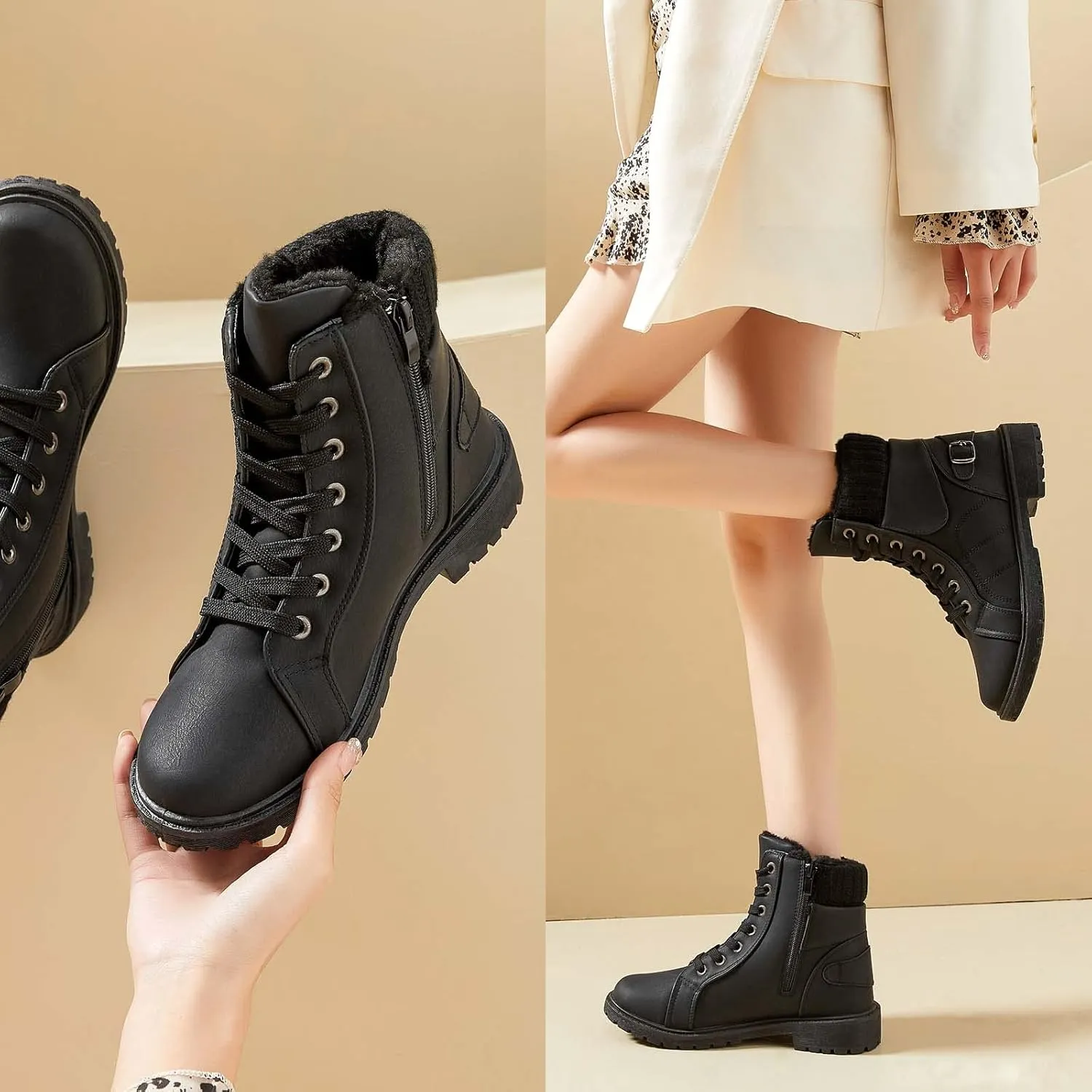 XRH Women Lace Up Combat Boot Winter Snow Boots Warm Fur Lined Ankle Booties Waterproof Hiking Boot for Women Non Slip Leather Boots Shoes