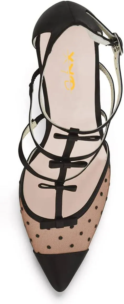 XYD Women Chic Polka Dots Pointed Toe Heeled Sandals Crossover T-strap with Bowtie High Heels Mesh Wedding Party Pumps Shoes