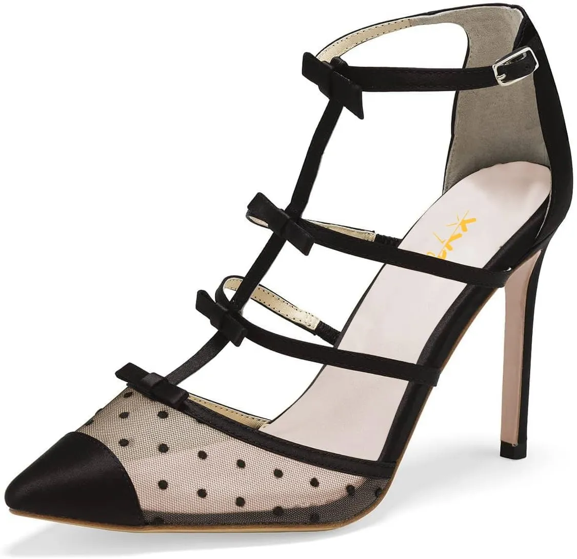 XYD Women Chic Polka Dots Pointed Toe Heeled Sandals Crossover T-strap with Bowtie High Heels Mesh Wedding Party Pumps Shoes