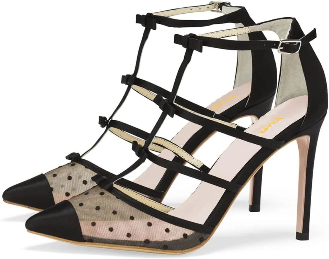 XYD Women Chic Polka Dots Pointed Toe Heeled Sandals Crossover T-strap with Bowtie High Heels Mesh Wedding Party Pumps Shoes