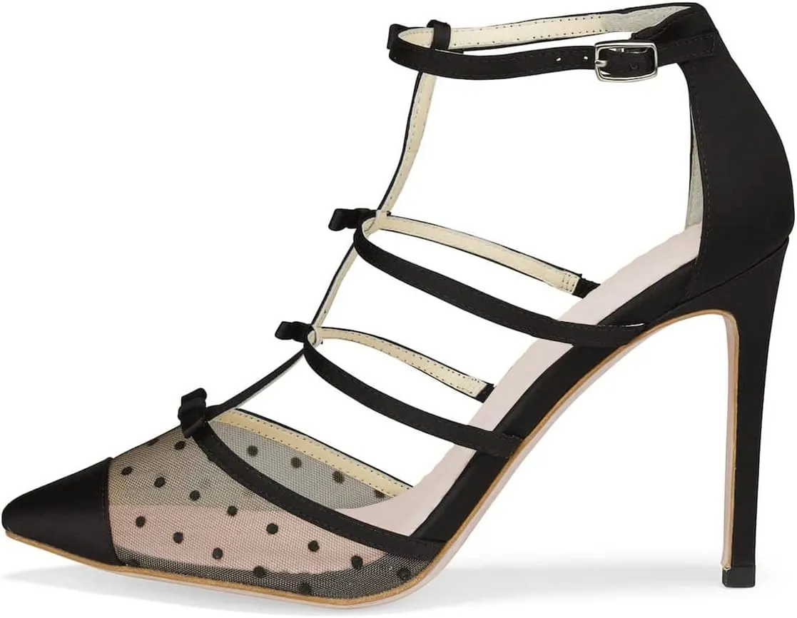 XYD Women Chic Polka Dots Pointed Toe Heeled Sandals Crossover T-strap with Bowtie High Heels Mesh Wedding Party Pumps Shoes