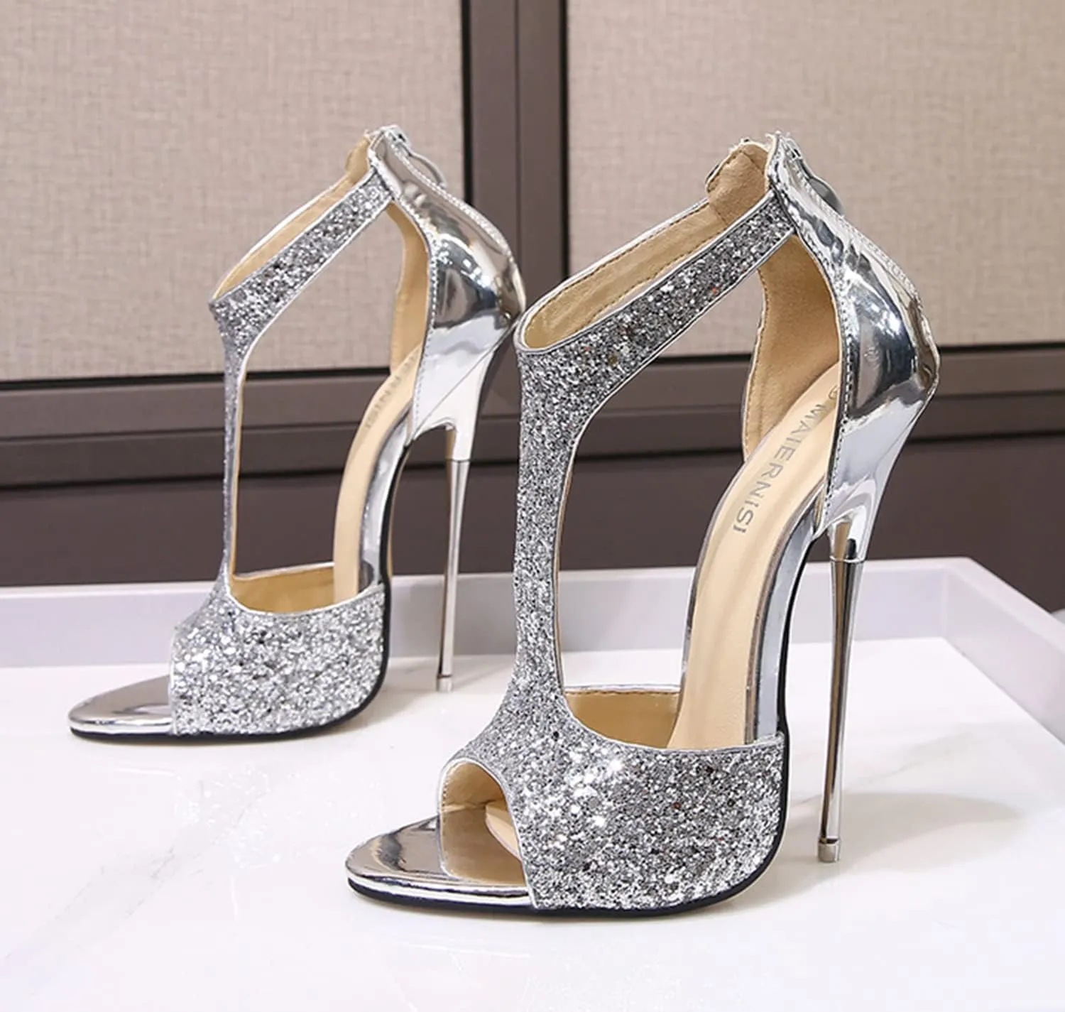 YHTootW 16CM/6.29IN Heels Stilettos High-Heeled Sandals Glitter Crystal Sequined Stilettos High Heels T-Strap Sandals Metal Heel Plus Size Dress Up Nightclub Sexy Catwalk