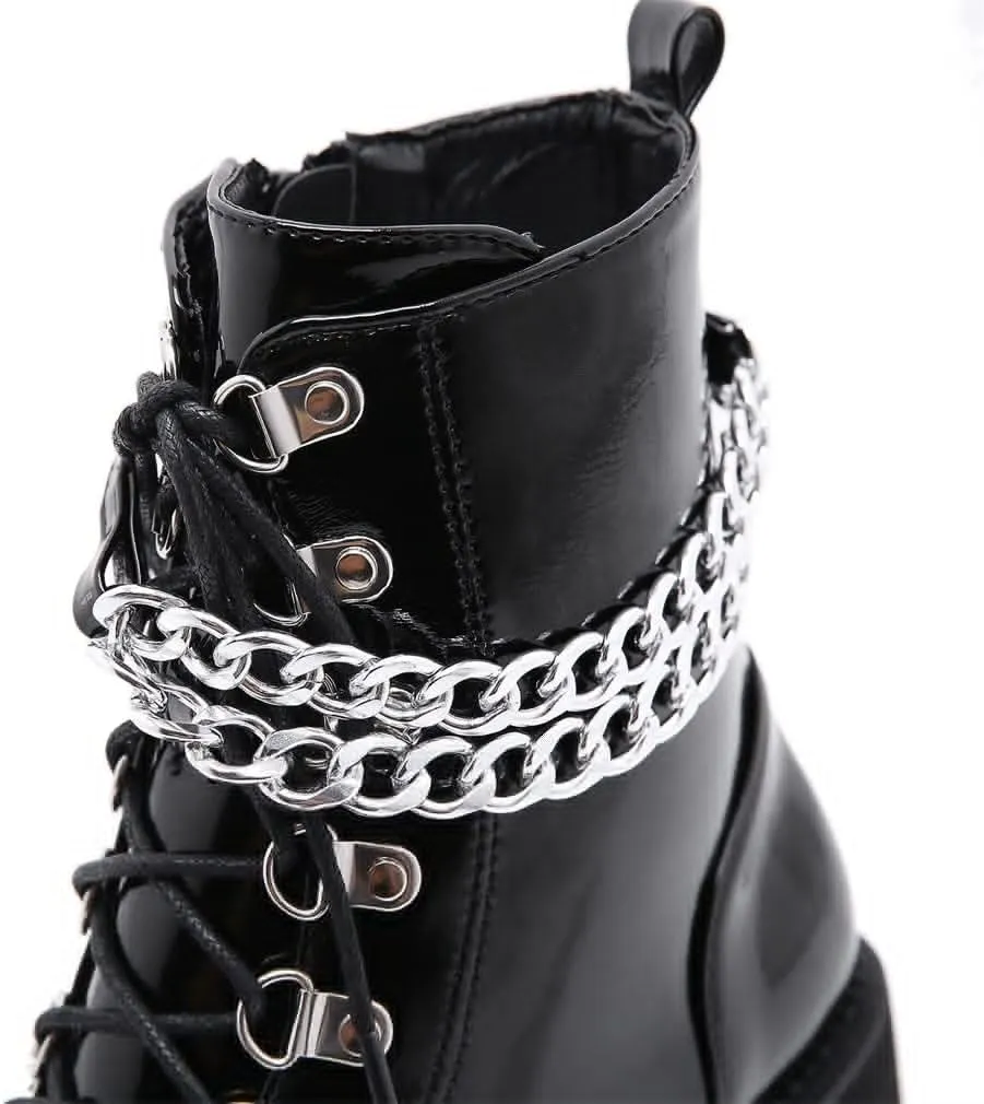 YIYA Women's Black Goth Platform Ankle Boots with Bat Wing Buckles Chunky Block Heels Round Toe Zipper Punk Motorcycle Combat Boots Comfy Short Gothic Booties