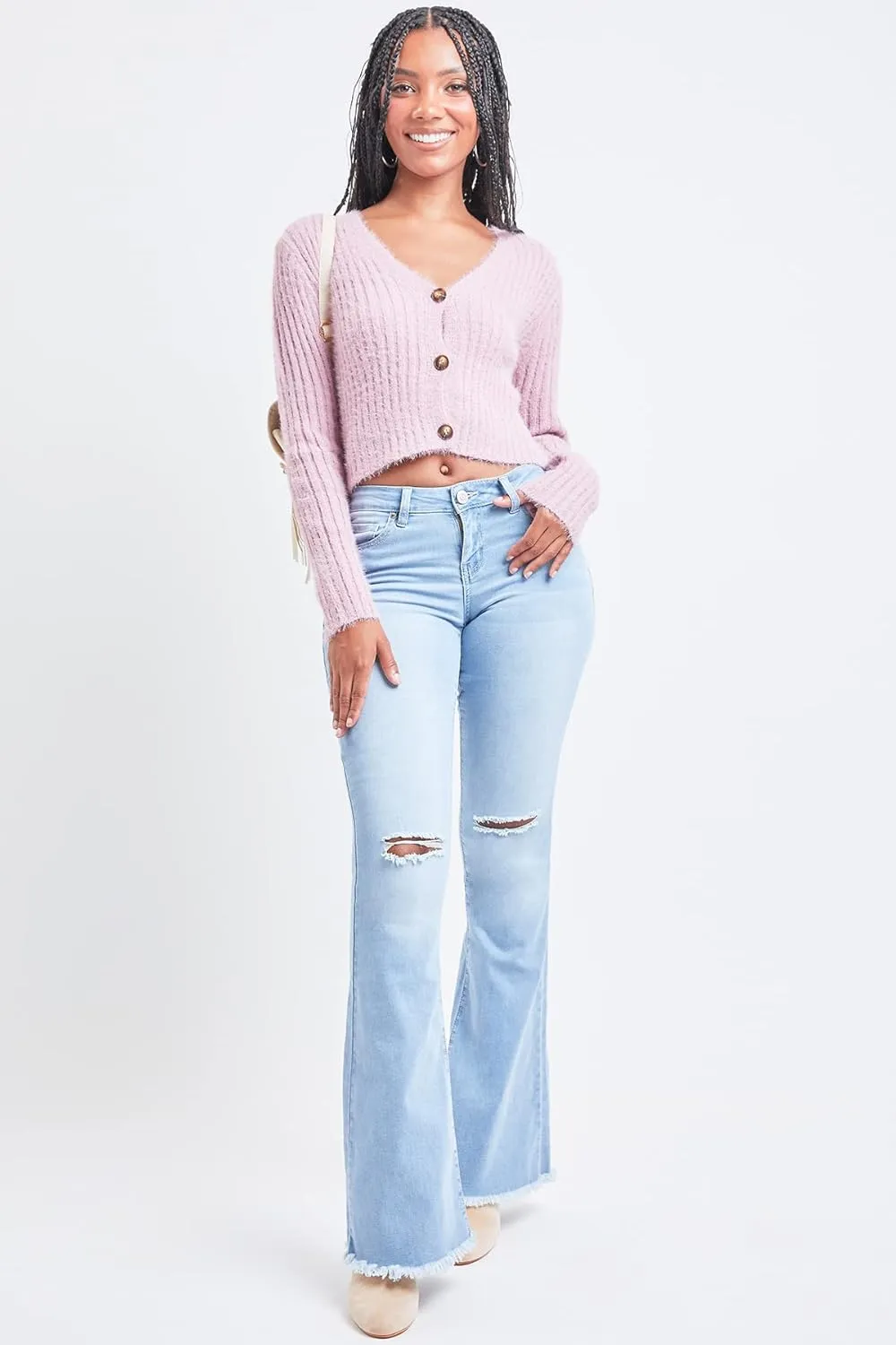 YMI Womens 1-Button Low-Rise Fray Hem Flare