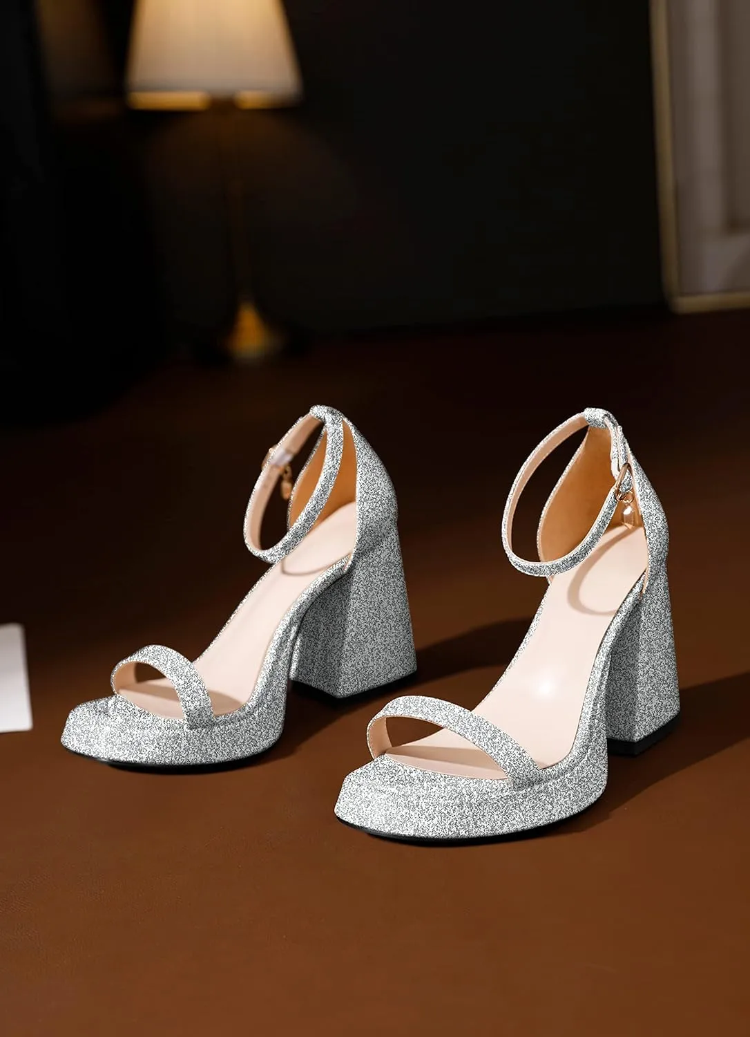YODEKS Women Heeled Sandals Platform Chunky Block High Heels Strappy Open Round Toe 4 Inch One Strap Party Dress Shoes