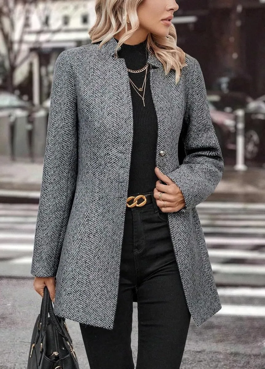 yoeasy Women's Stand Collar Single Breasted Pea Coat Casual Wool Blend Mid Long Trench Coat Winter Jackets