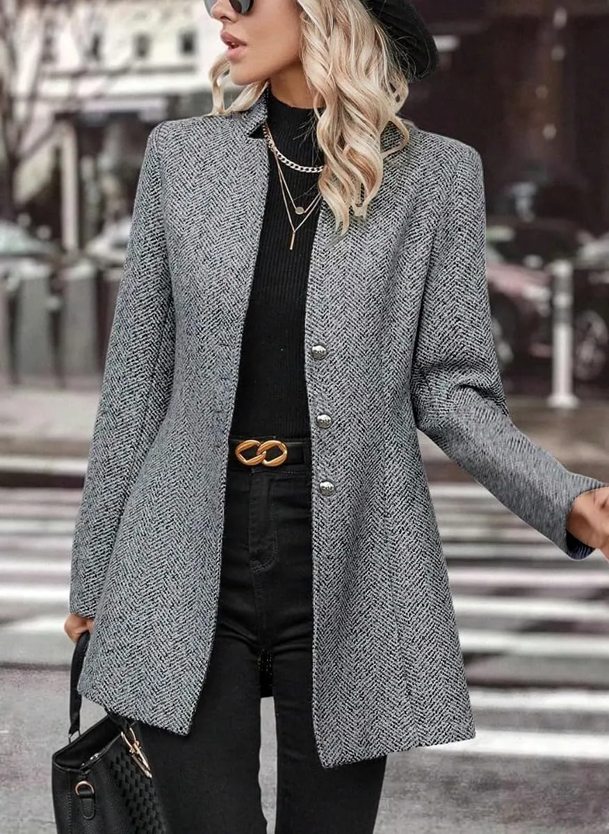 yoeasy Women's Stand Collar Single Breasted Pea Coat Casual Wool Blend Mid Long Trench Coat Winter Jackets