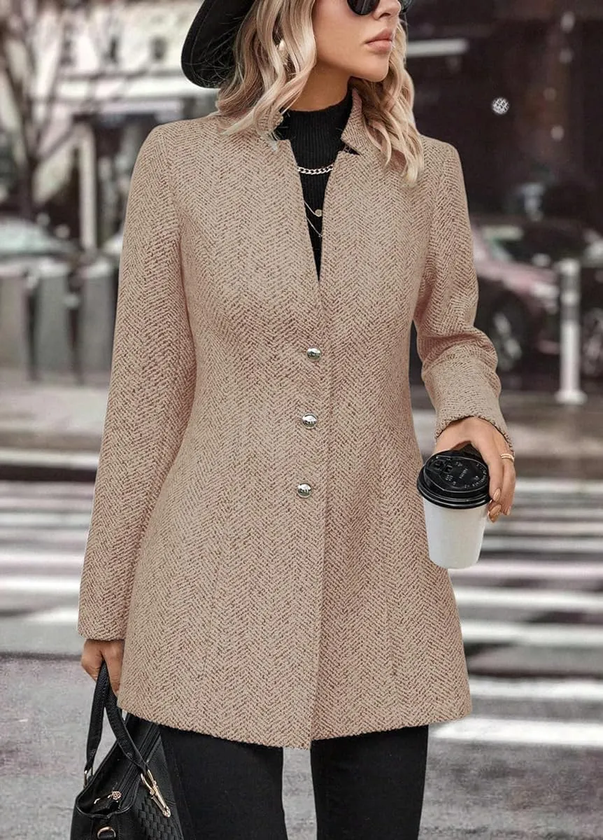 yoeasy Women's Stand Collar Single Breasted Pea Coat Casual Wool Blend Mid Long Trench Coat Winter Jackets