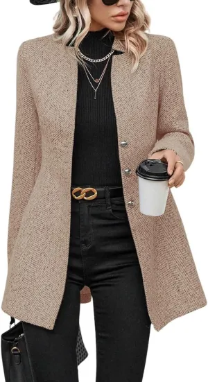 yoeasy Women's Stand Collar Single Breasted Pea Coat Casual Wool Blend Mid Long Trench Coat Winter Jackets