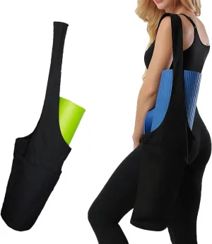 Yoga Mat Bag, Long Strap Yoga Mat Tote Sling Carrier with Side Pocket & Zipper Pocket, Fits Most Size Mats(Black)