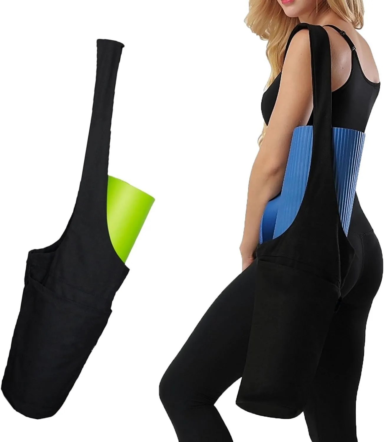 Yoga Mat Bag, Long Strap Yoga Mat Tote Sling Carrier with Side Pocket & Zipper Pocket, Fits Most Size Mats(Black)