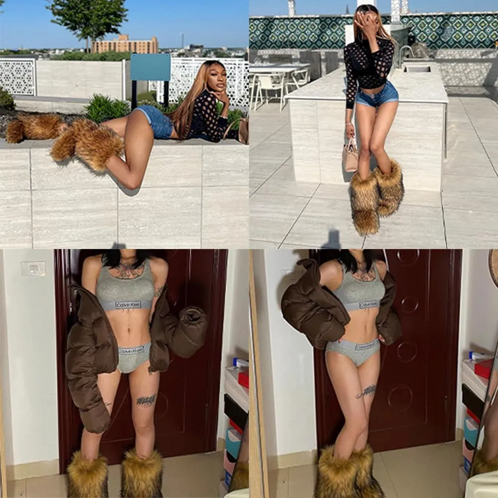 YXCFEWD Fur Boots for Women Winter Fluffy Furry Boots for Girls Flat Heel Snow Boots