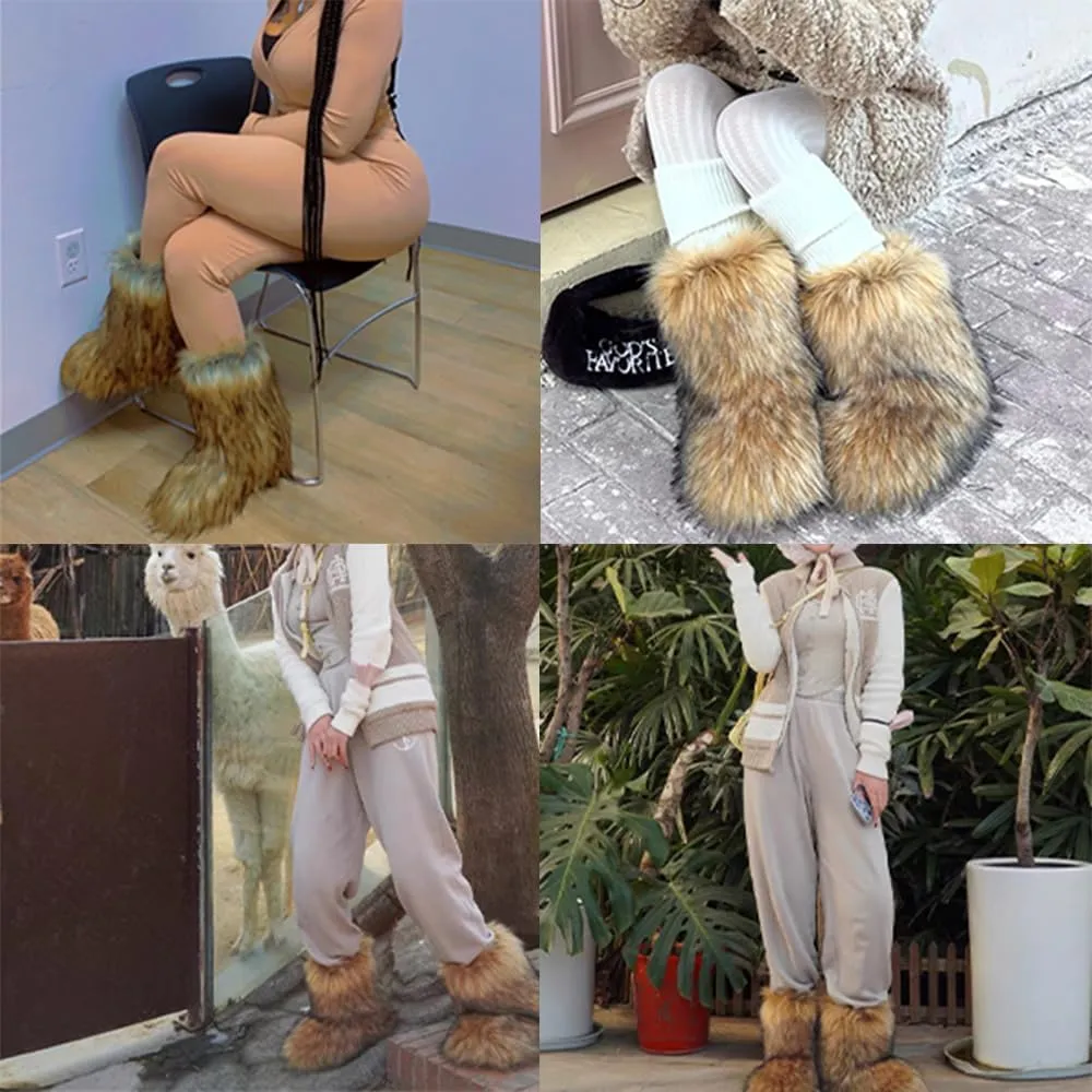 YXCFEWD Fur Boots for Women Winter Fluffy Furry Boots for Girls Flat Heel Snow Boots