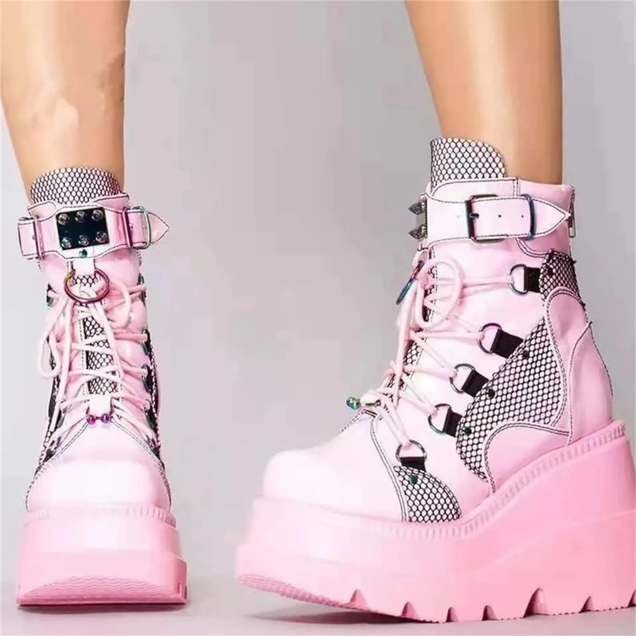 ZBYY Women's Combat Ankle Boots Zipper Lace Up Chunky Military Platform Shoes Wedge Heel Studded Goth Mid Calf Combat Booties