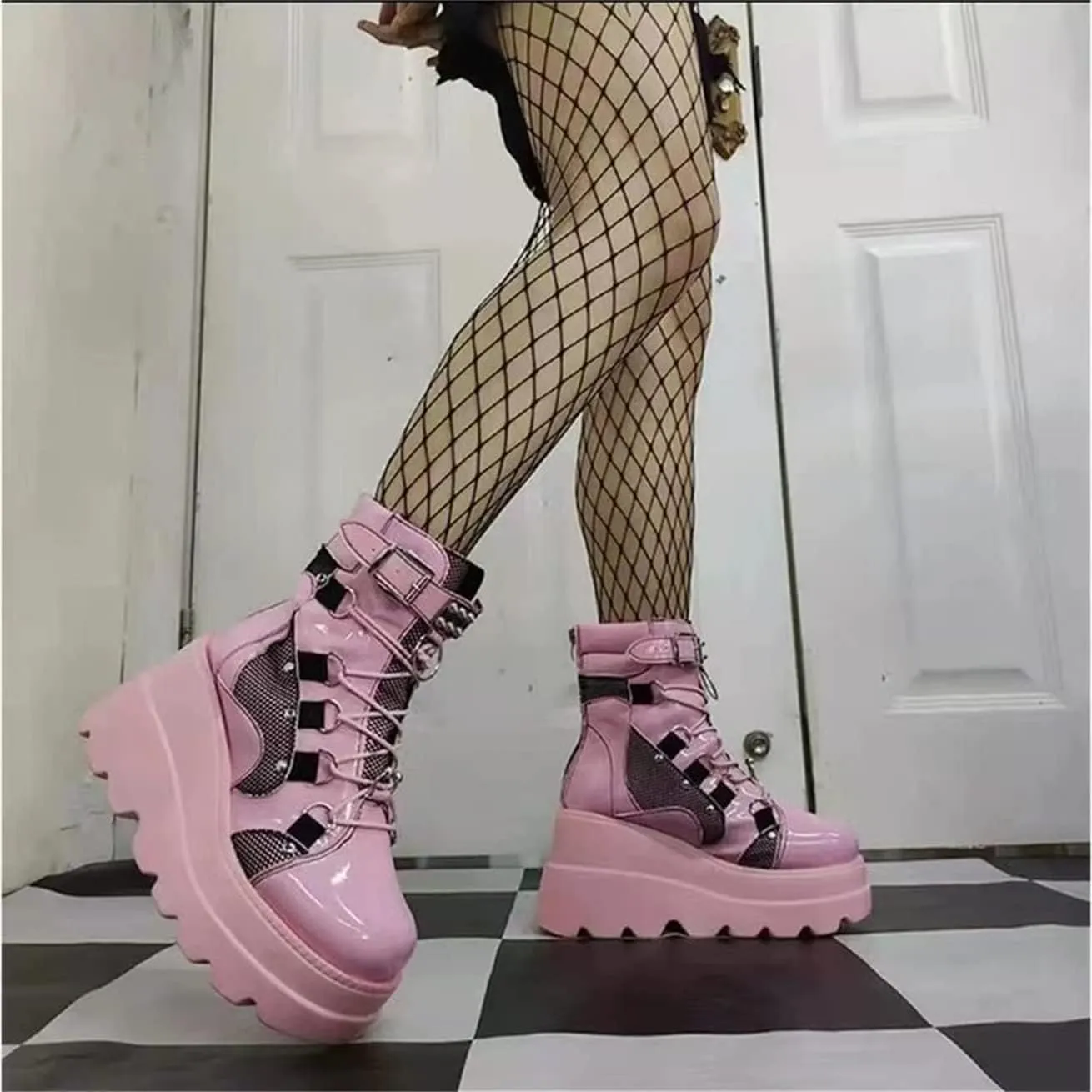 ZBYY Women's Combat Ankle Boots Zipper Lace Up Chunky Military Platform Shoes Wedge Heel Studded Goth Mid Calf Combat Booties