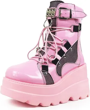 ZBYY Women's Combat Ankle Boots Zipper Lace Up Chunky Military Platform Shoes Wedge Heel Studded Goth Mid Calf Combat Booties