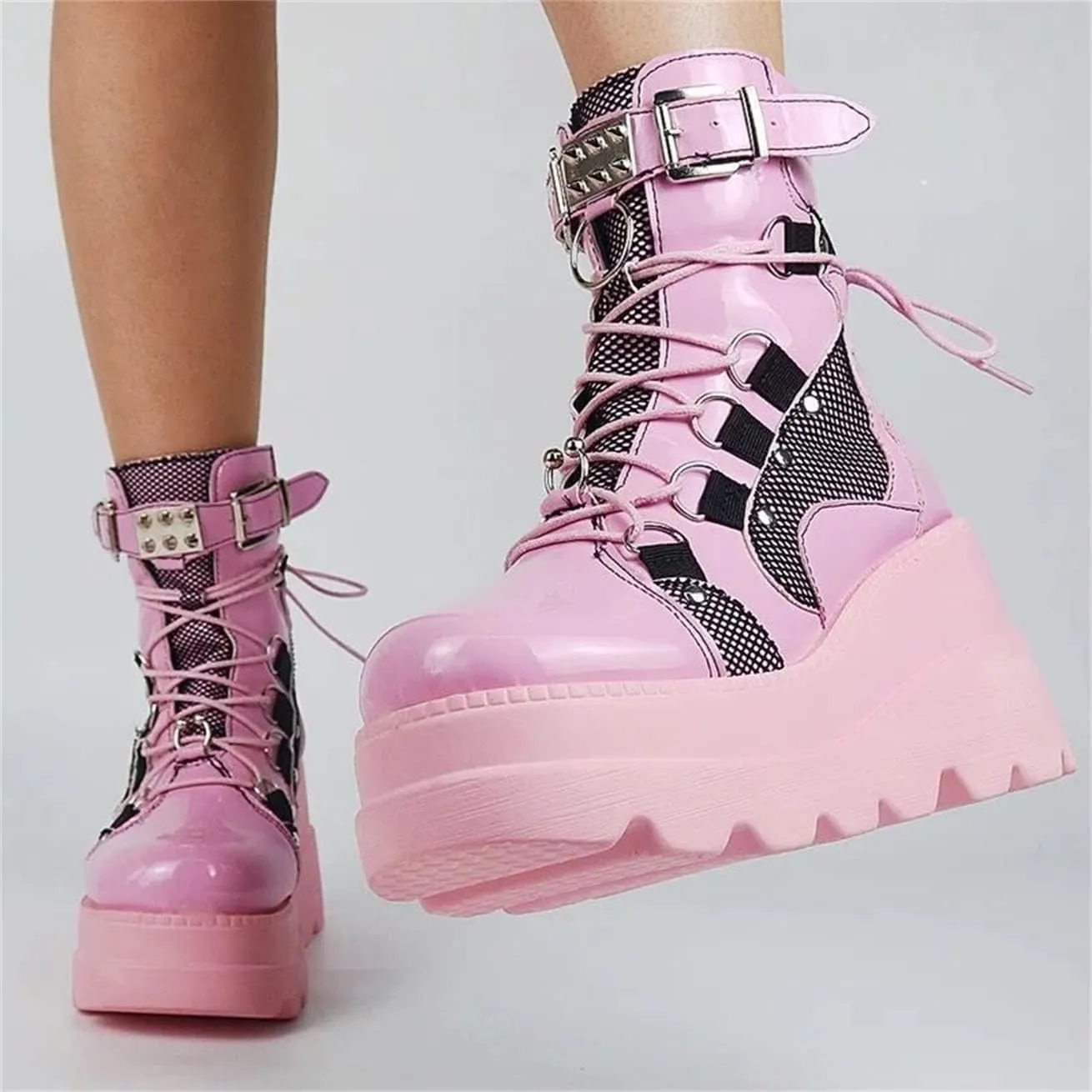 ZBYY Women's Combat Ankle Boots Zipper Lace Up Chunky Military Platform Shoes Wedge Heel Studded Goth Mid Calf Combat Booties