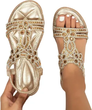 ZBYY Womens Flats Sandals Bohemia Rhinestone Open Toe Elastic Ankle Strap Sandals Summer Comfortable Beach Shoes Sandals