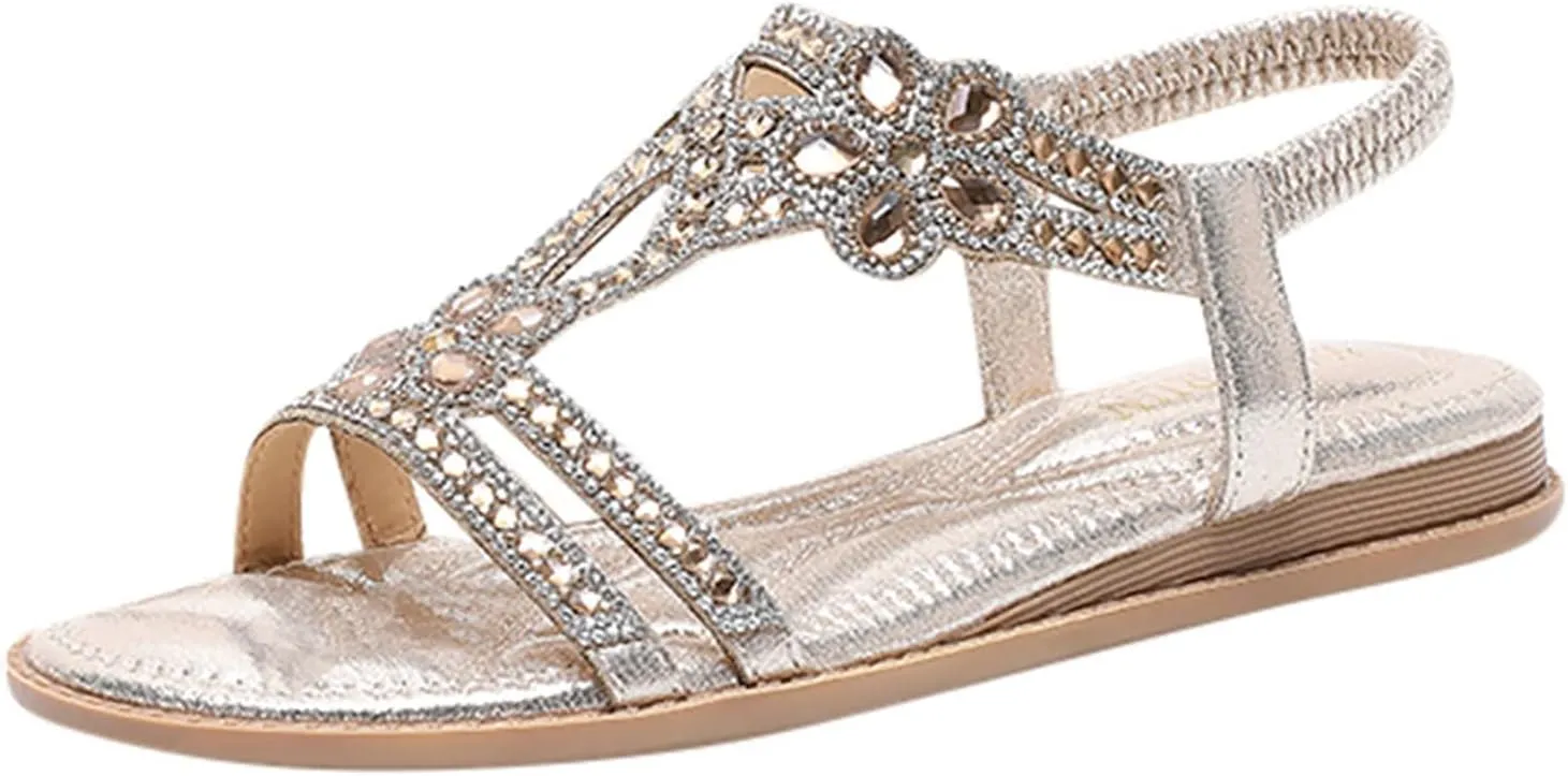 ZBYY Womens Flats Sandals Bohemia Rhinestone Open Toe Elastic Ankle Strap Sandals Summer Comfortable Beach Shoes Sandals