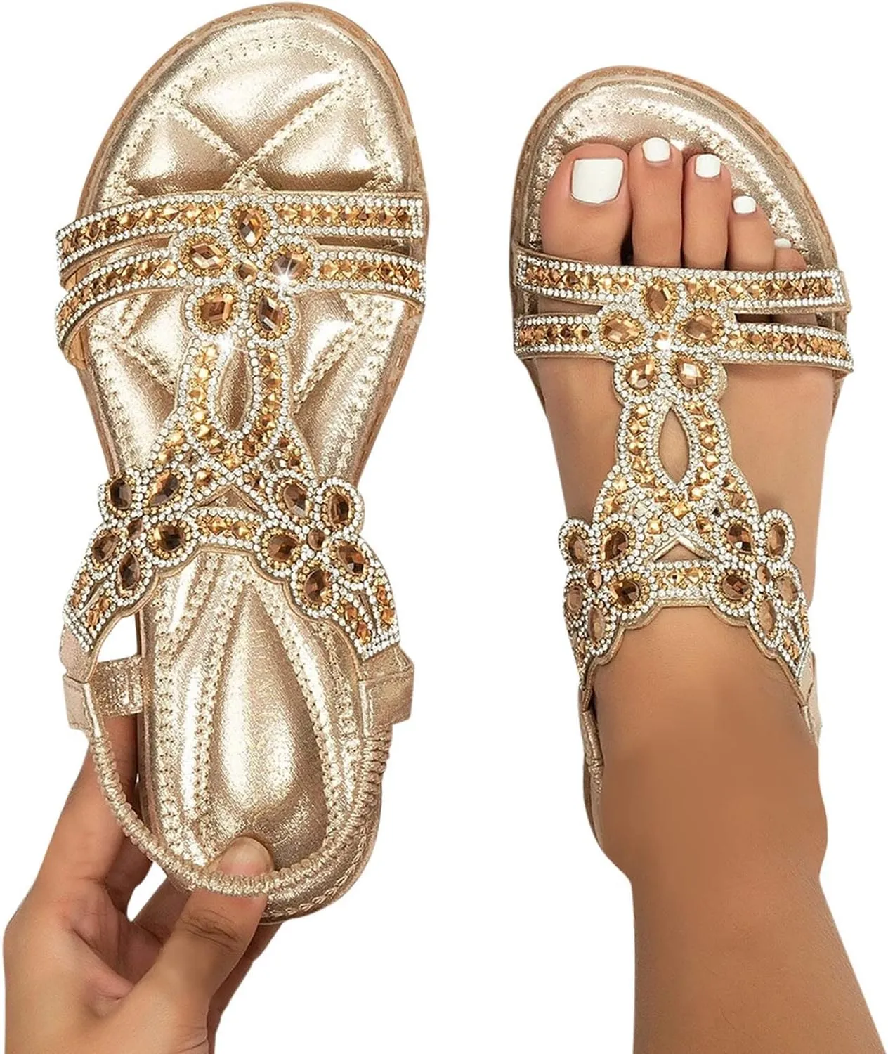 ZBYY Womens Flats Sandals Bohemia Rhinestone Open Toe Elastic Ankle Strap Sandals Summer Comfortable Beach Shoes Sandals