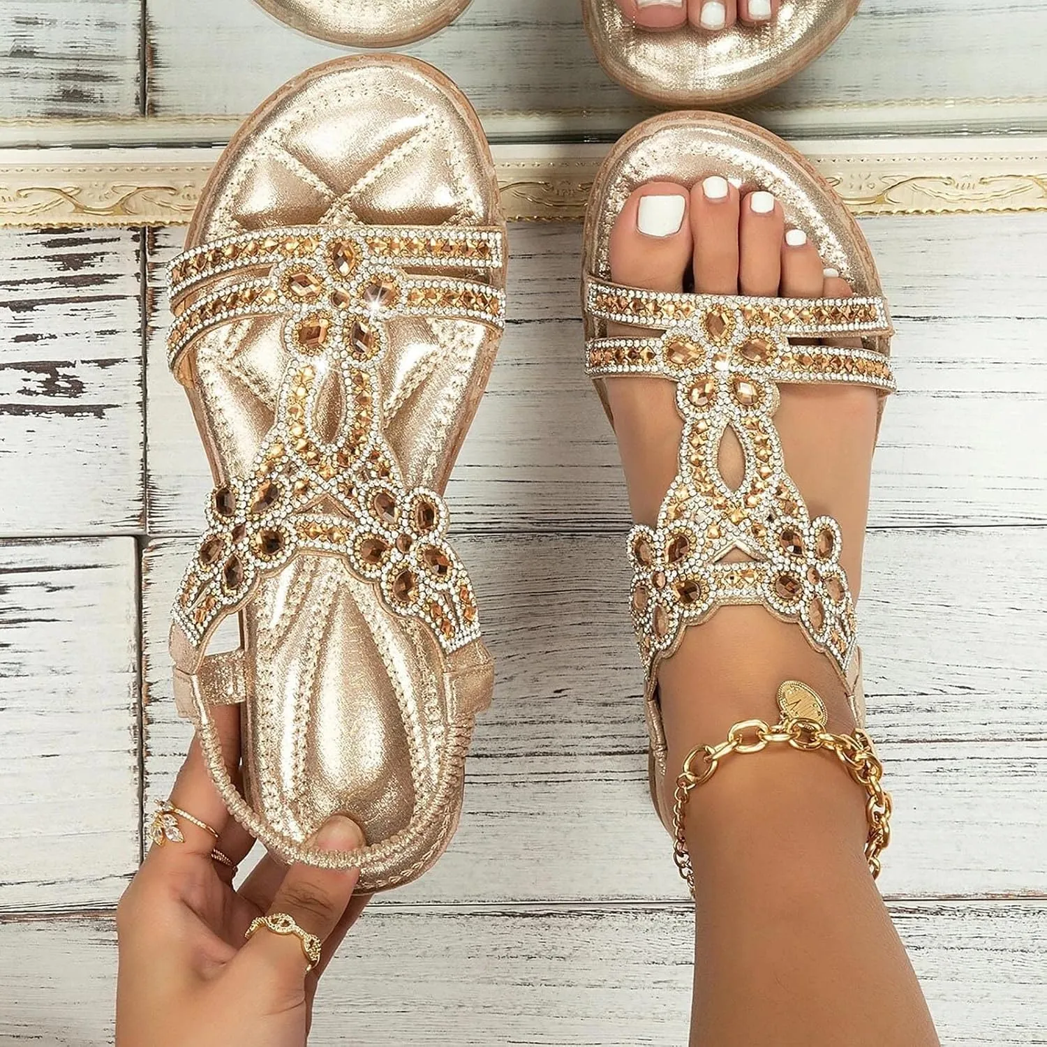 ZBYY Womens Flats Sandals Bohemia Rhinestone Open Toe Elastic Ankle Strap Sandals Summer Comfortable Beach Shoes Sandals