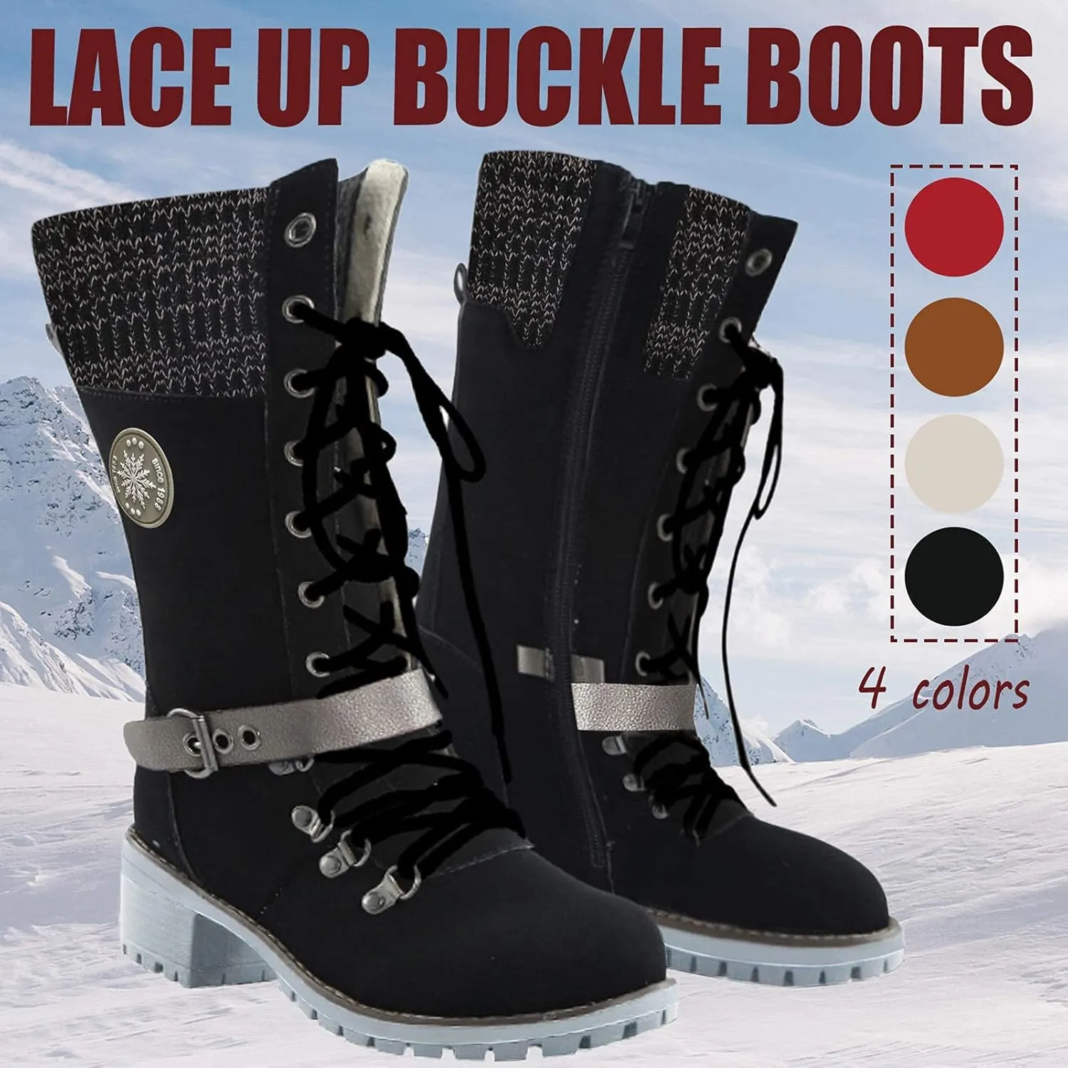 ZBYY Women's Knee Length Boots,Lace Up Western Cowboy Knee High Boots Winter Warm Combat Riding Mid Calf Booties