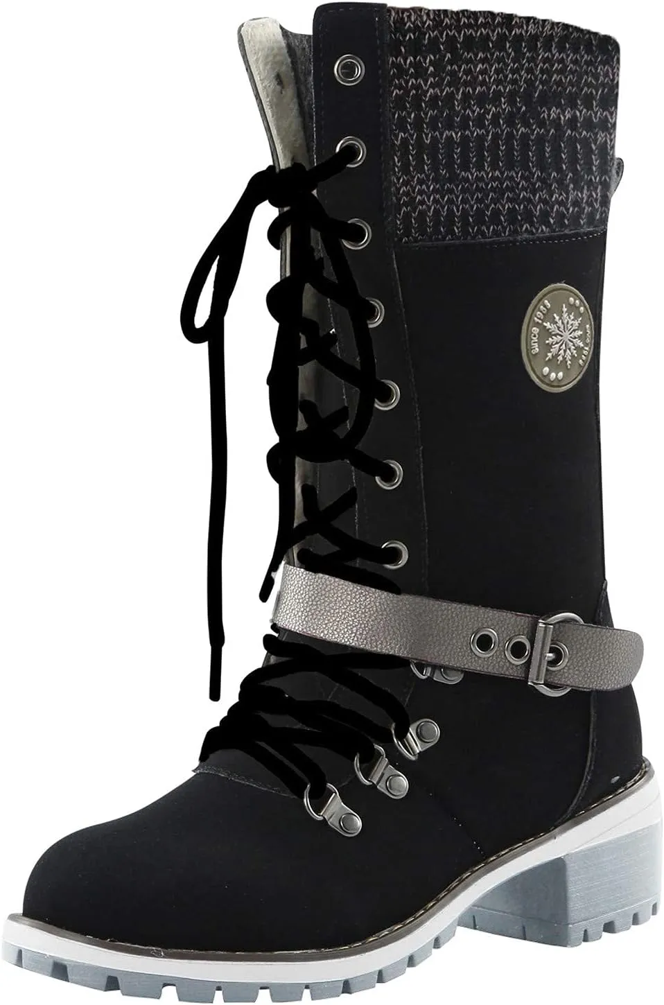 ZBYY Women's Knee Length Boots,Lace Up Western Cowboy Knee High Boots Winter Warm Combat Riding Mid Calf Booties