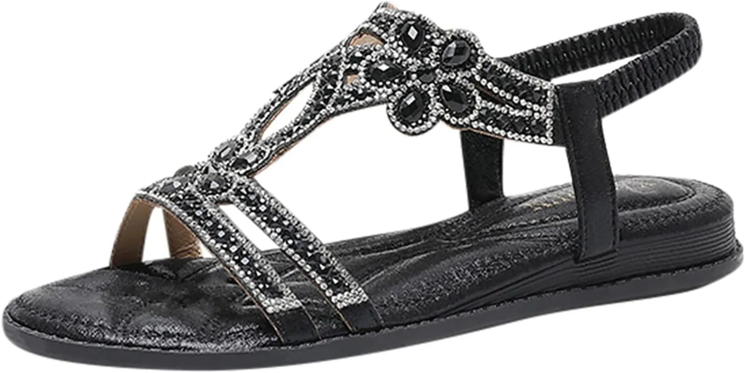 ZBYY Women's Summer Rhinestone Flat Sandals Comfort Bohemian Beach Elastic Ankle Strap Shoes Open Toe Sandals for Women