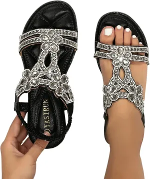 ZBYY Women's Summer Rhinestone Flat Sandals Comfort Bohemian Beach Elastic Ankle Strap Shoes Open Toe Sandals for Women