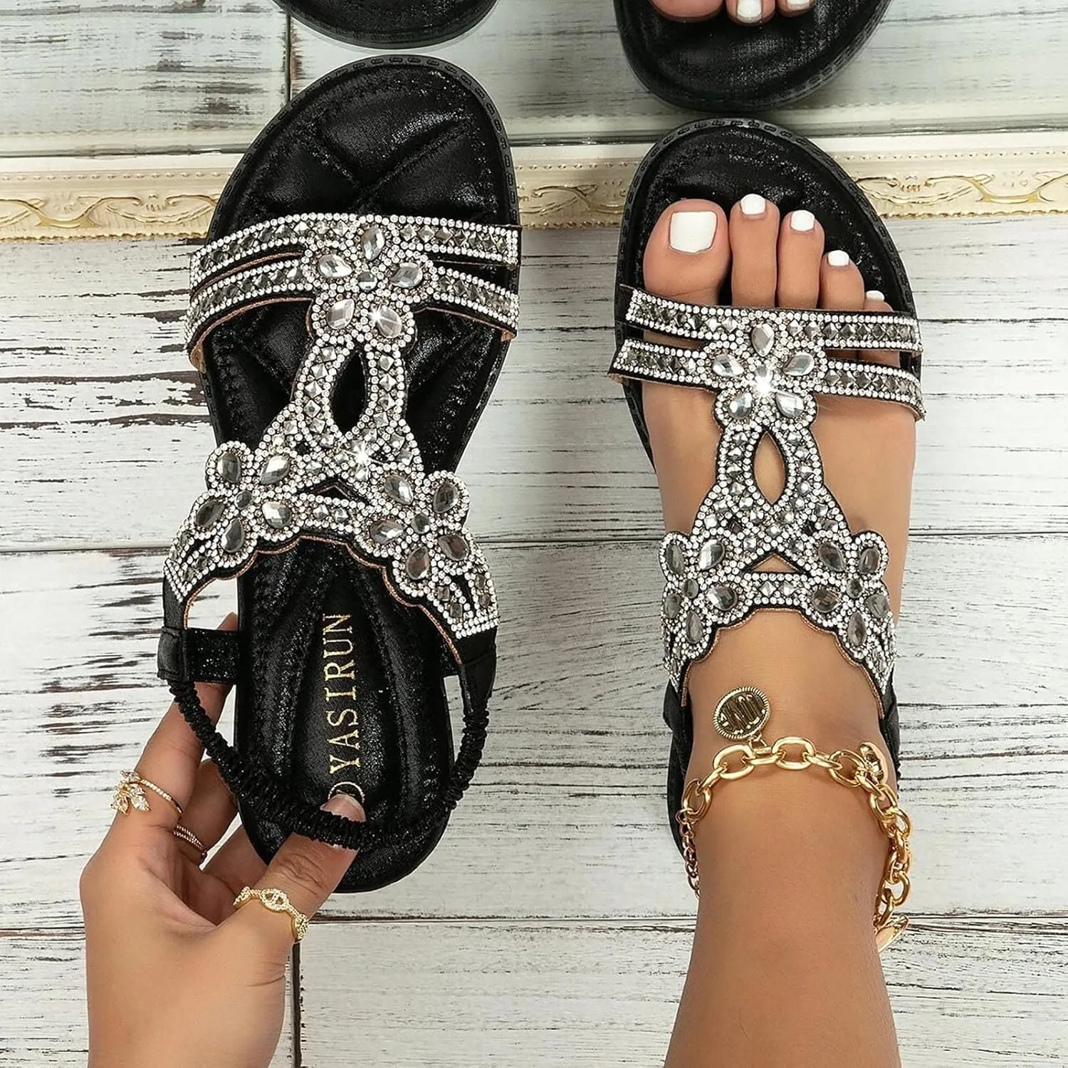 ZBYY Women's Summer Rhinestone Flat Sandals Comfort Bohemian Beach Elastic Ankle Strap Shoes Open Toe Sandals for Women